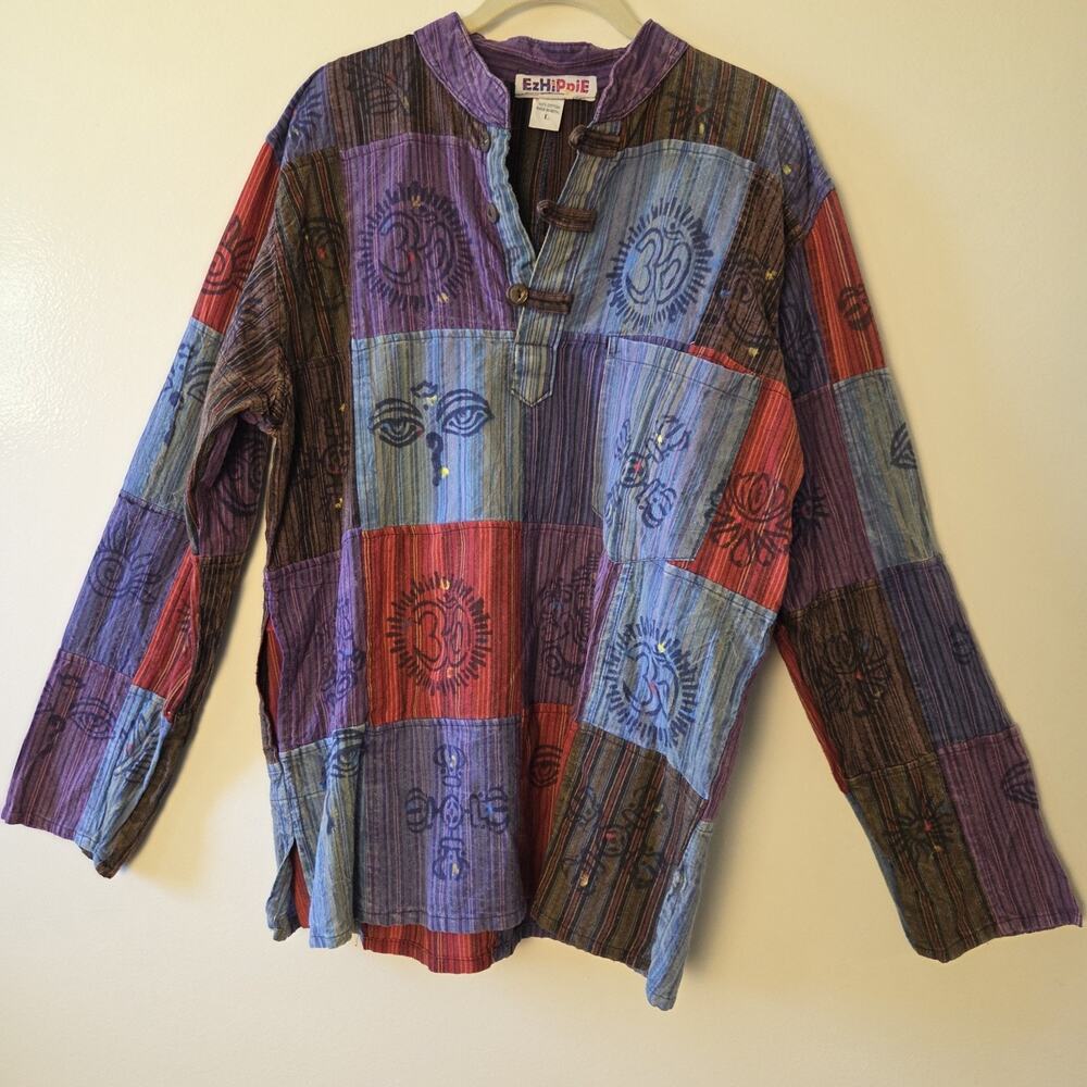 EzHippie Mens L Stonewashed Printed Patchwork Hippie Grandad Shirt Om Buddha